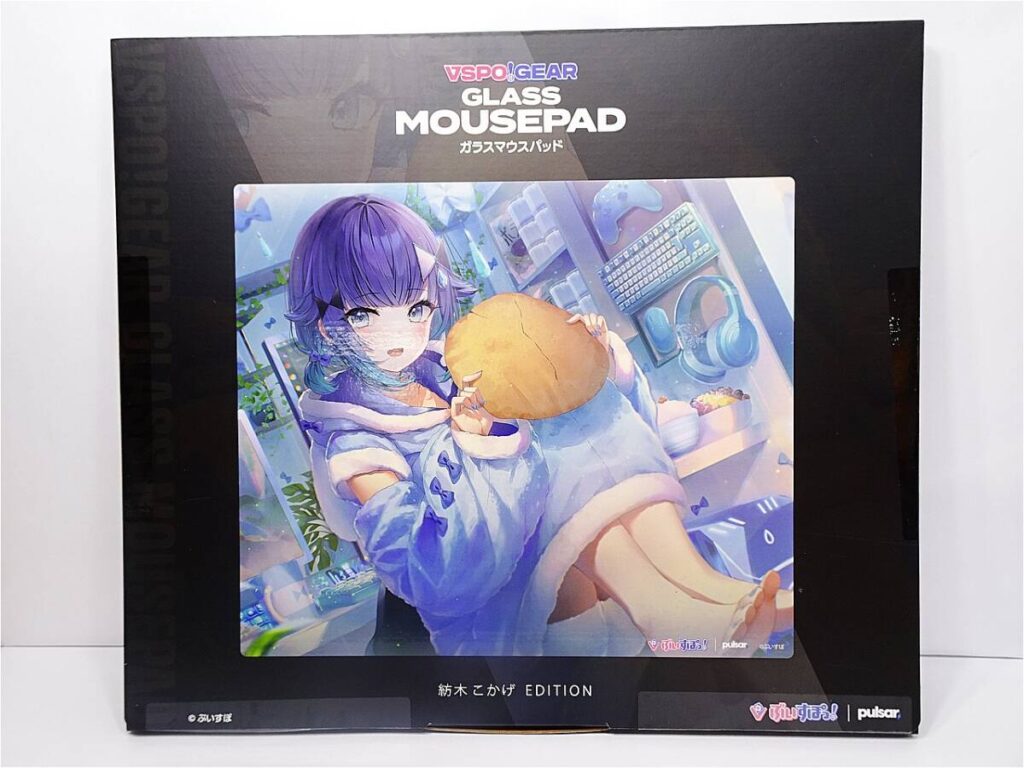 Product box for a Glass Mousepad edition, featuring an anime girl with purple hair holding bread in a blue hoodie
