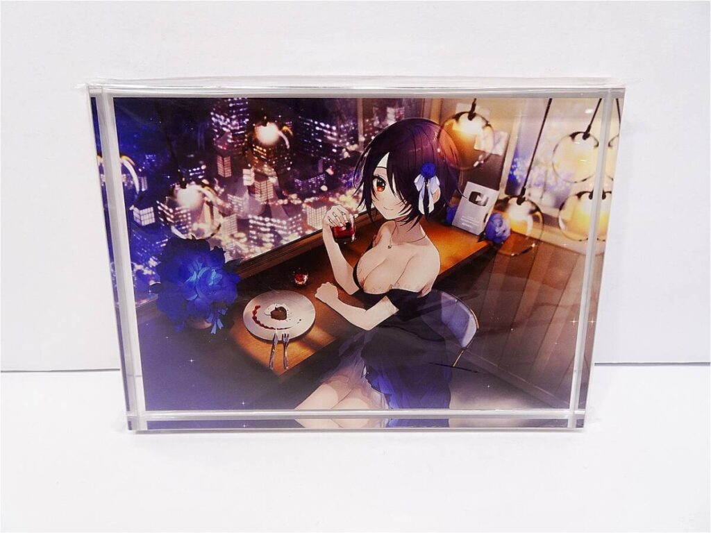 d12078867681 | Vtuberグッズ買取専門店 Anime-style woman in a black dress sits at a table with dessert and wine against a city skyline at night, framed as wall art on display.