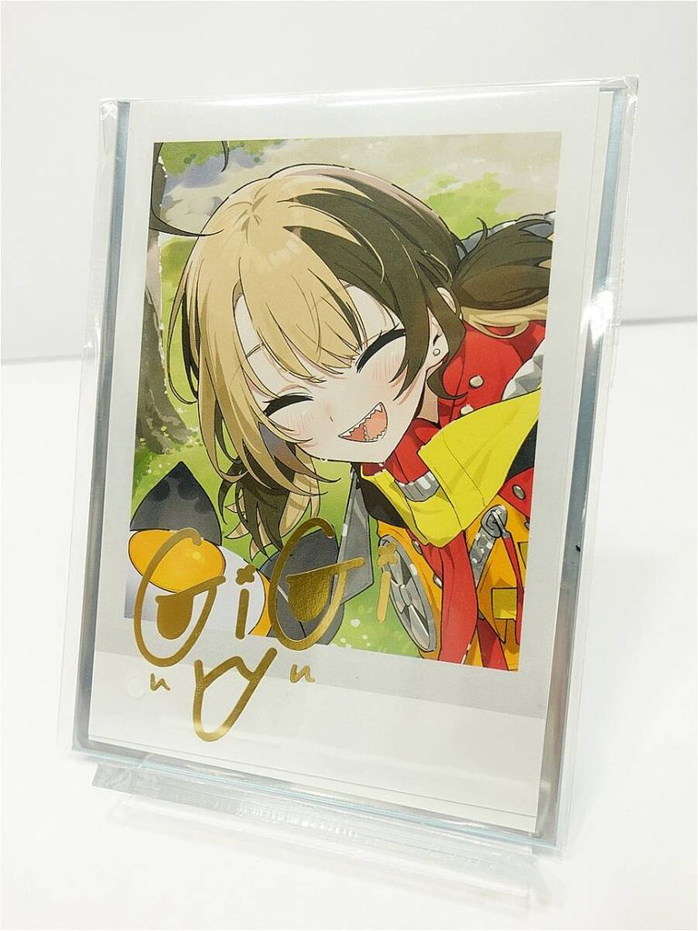 Cheerful anime illustration of a two-tone hair character in a red-yellow outfit, displayed in a clear frame with a gold signature at the bottom