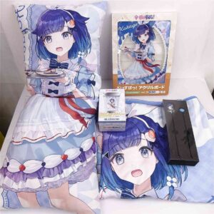 Anime-style bedding set featuring a blue-haired girl in a frilly dress holding a plate of cake, with matching pillow and packaging visible on a bed.