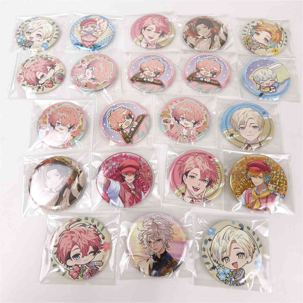 i-img1200x1200-17742586724043bizhh6491 - Vtuberグッズ買取専門店Vtrader Collection of 24 round anime character badges in individual plastic sleeves, featuring various male characters with pastel outfits and pink hair among others on a white background.
