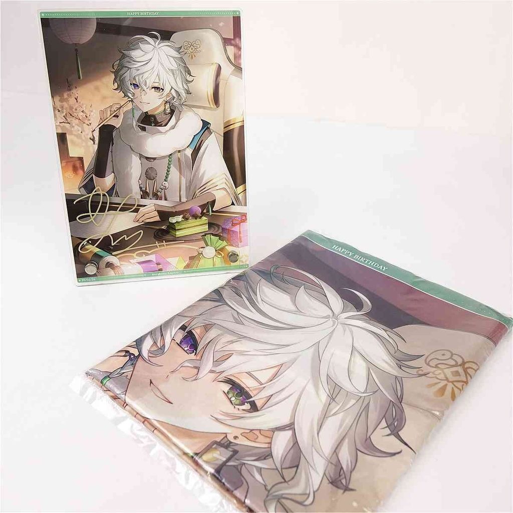 i-img1200x1200-17742586917852g5yyii33 1 | Vtuberグッズ買取専門店 Two anime art prints featuring a white-haired character; one standing upright with birthday-themed background, the other laid flat showing a close-up of the character's face.