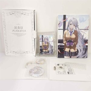 Anime merchandise set: large white Anniversary box, a small illustrated card in a plastic sleeve, and a tall art print of a silver-haired schoolgirl holding a purple gift.