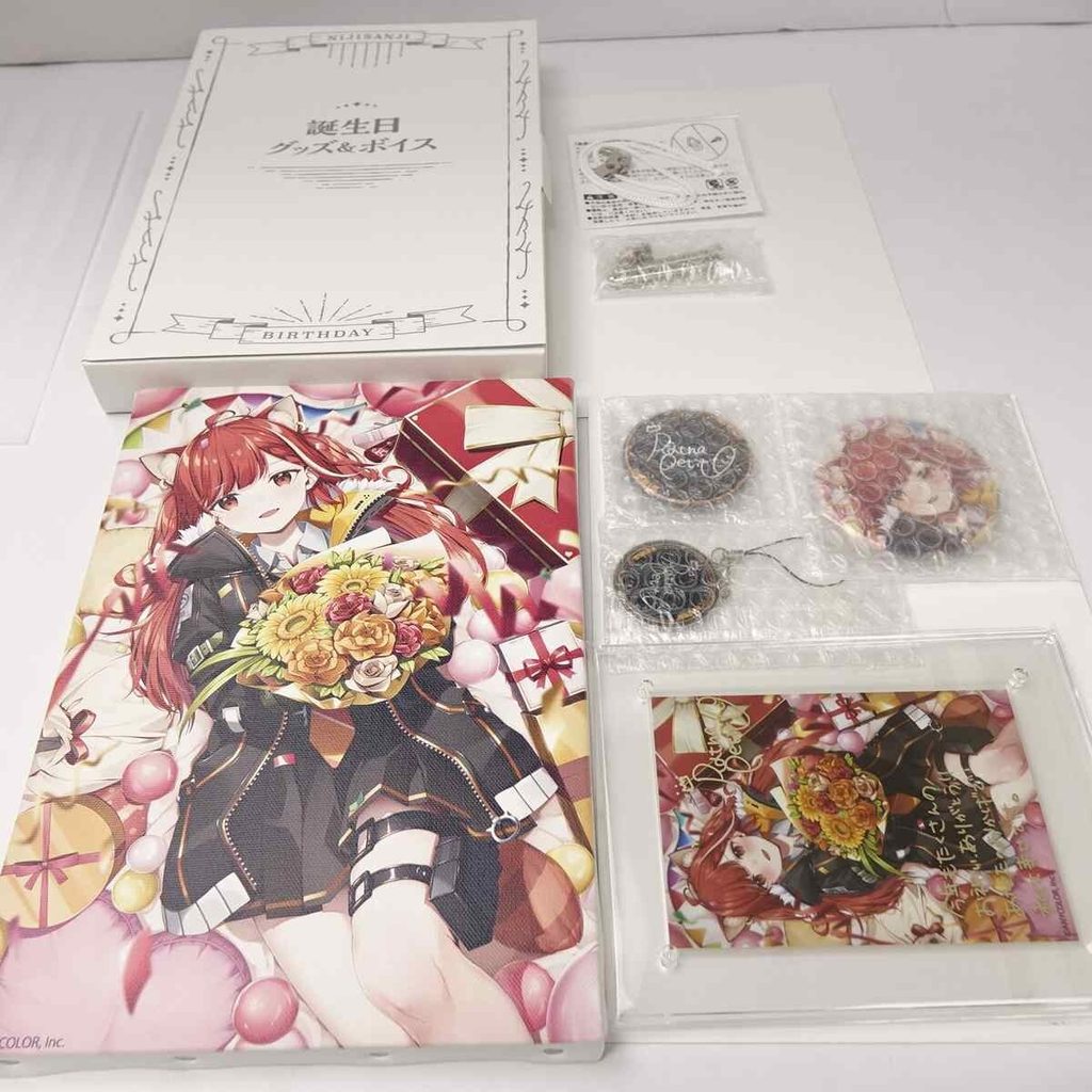 Boxed birthday merchandise set with anime artwork and accessories, including a large illustrated poster and bubble-wrapped items.