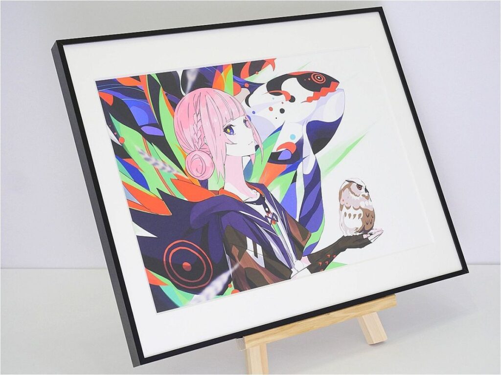 Framed vibrant anime-style illustration of a pink-haired figure with an owl on the sleeve, displayed on a wooden easel, against a colorful abstract background.