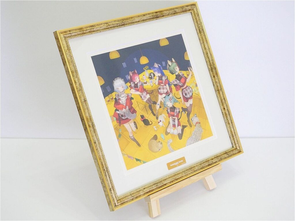 i-img1200x900-17736705651178fopl1310144 - Vtuberグッズ買取専門店Vtrader Framed anime-style illustration of several girls in plaid outfits in a yellow cafe, on a wooden easel.