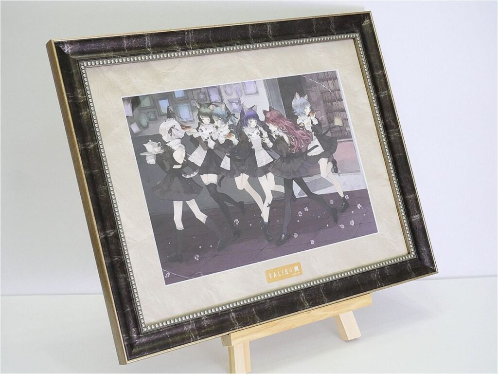 i-img1200x900-177367056907534n6jyf35 - Vtuberグッズ買取専門店Vtrader Framed illustration of seven anime-style maids dancing in a room, displayed on a wooden easel.
