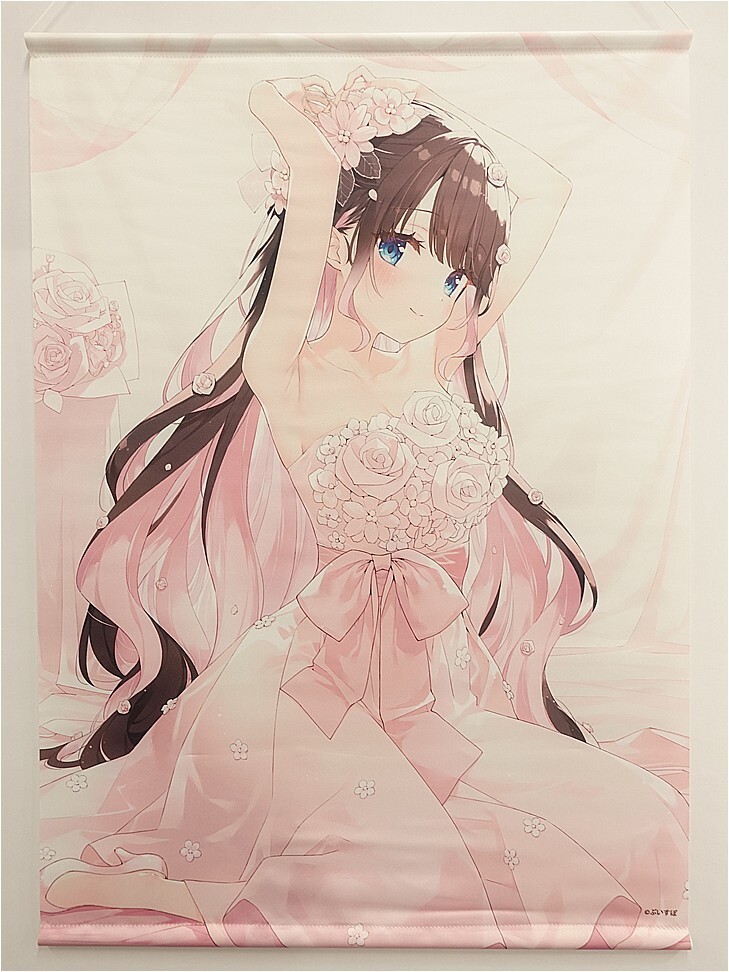 Anime-style bride in a pink wedding dress with a floral headpiece, long flowing hair, blue eyes, arms raised in a pose.