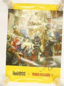 Autographed anime poster of five girls in denim outfits in a cozy record-shop setting; ReGOSS x Tower Records logos at the bottom, signatures across the image.