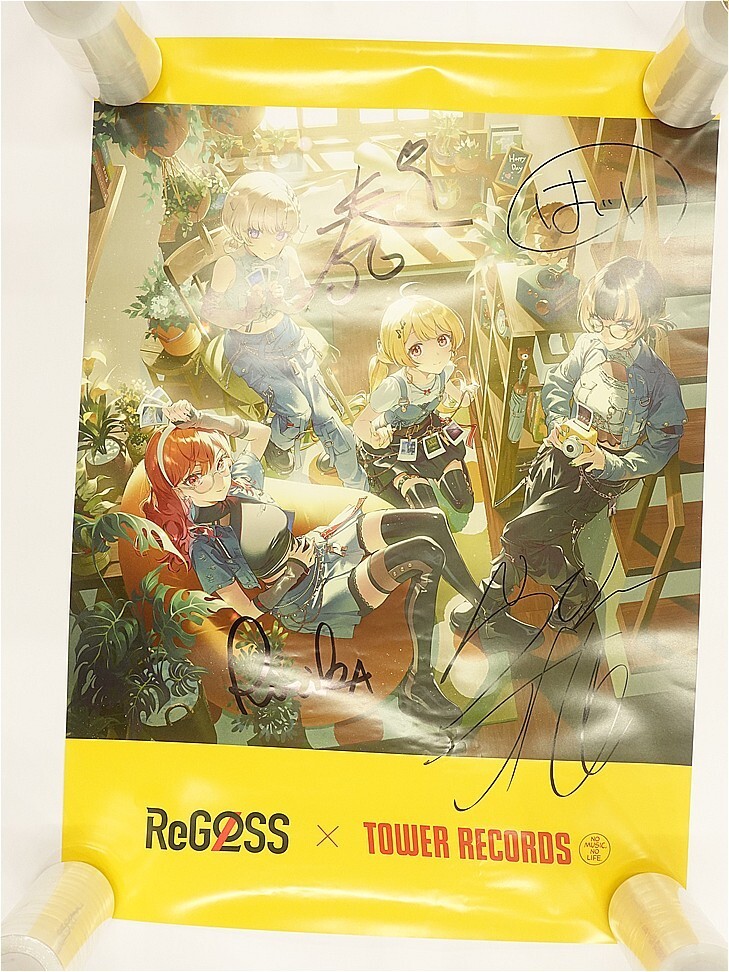Autographed anime poster of five girls in denim outfits in a cozy record-shop setting; ReGOSS x Tower Records logos at the bottom, signatures across the image.
