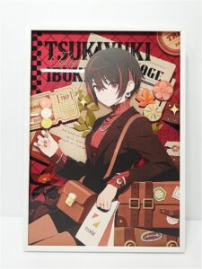 Anime-style woman in a red turtleneck and brown coat, holding a brown bag and travel papers, with a vintage luggage backdrop.