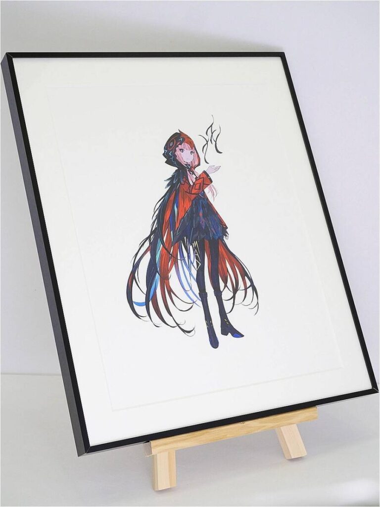 Framed anime-style illustration of a girl with long red and blue hair, wearing a red cloak, on a wooden easel.