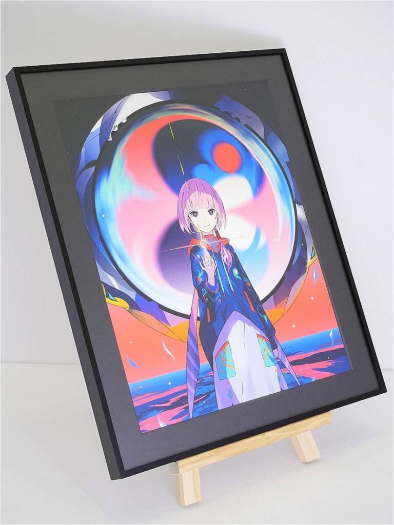 Framed vibrant anime-style illustration of a pink-haired girl in a futuristic outfit, displayed on a small wooden easel.