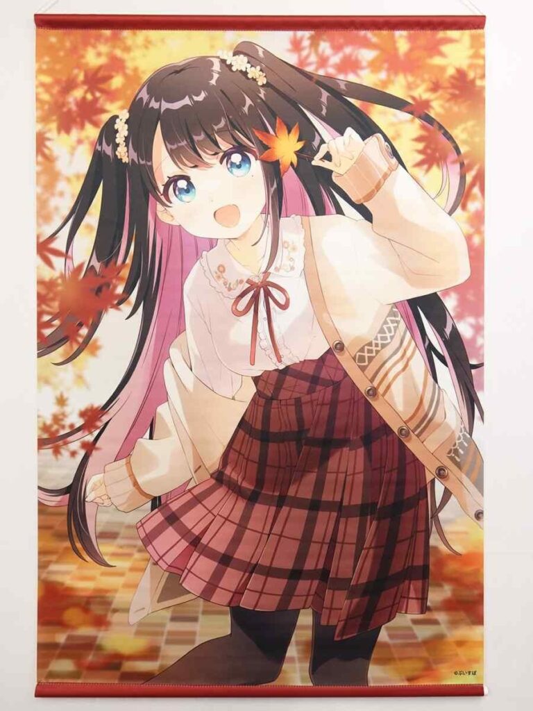 Anime girl with long black hair and blue eyes poses outdoors in autumn, wearing a cream blouse, red plaid skirt and a crossbody bag, with orange leaves in the background.