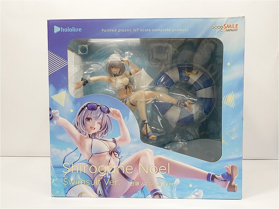 Box for Hololive Shirogane Noel Swimsuit Ver. figure; window shows the bikini-clad character with a blue-and-white lifebuoy inside.