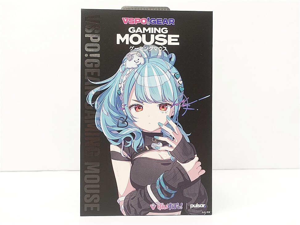 Gaming mouse box featuring an anime girl with blue hair in a black outfit on a black background, VSPO Gear branding visible