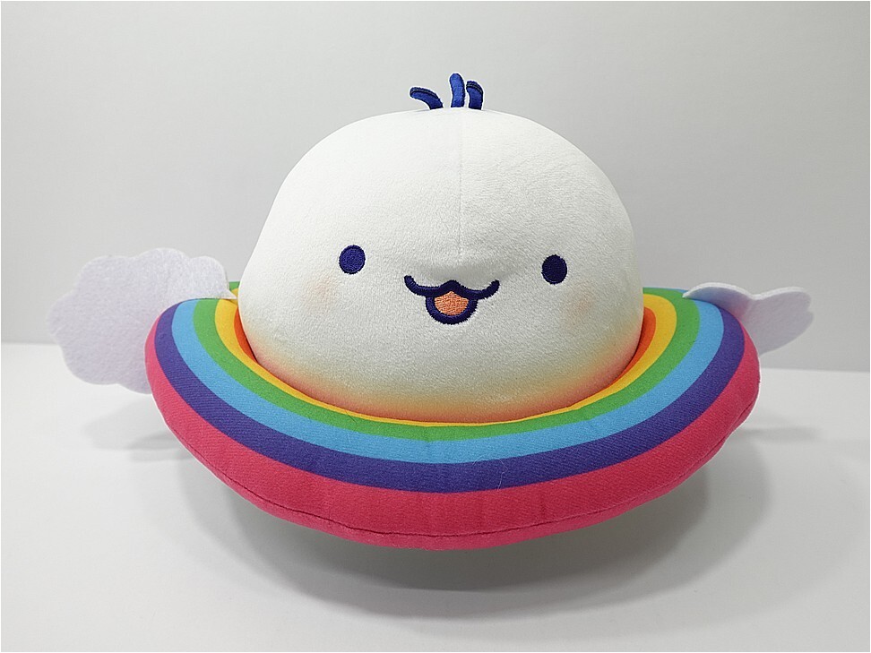 i-img972x729-17817541494658j572ql34 1 | Vtuberグッズ買取専門店 Cute white plush character with a rainbow crescent ring and tiny white wings on a neutral background.