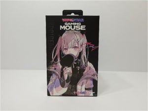 image | Vtuberグッズ買取専門店 Box for VSPO Gear Gaming Mouse featuring anime girl illustration on black packaging, front view on a white surface
