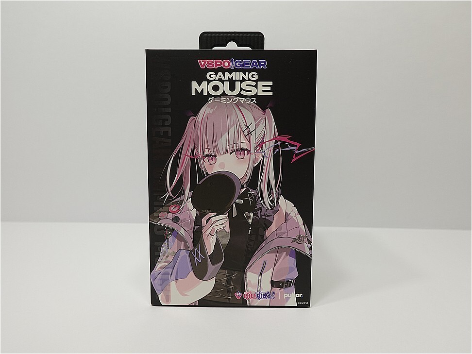 Box for VSPO Gear Gaming Mouse featuring anime girl illustration on black packaging, front view on a white surface