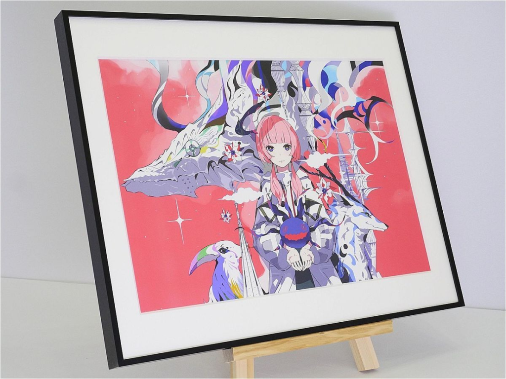 image - Vtuberグッズ買取専門店Vtrader Framed anime-style illustration on a white mat, featuring a pink-haired girl in a futuristic outfit with a dragon and colorful shapes against a pink background.