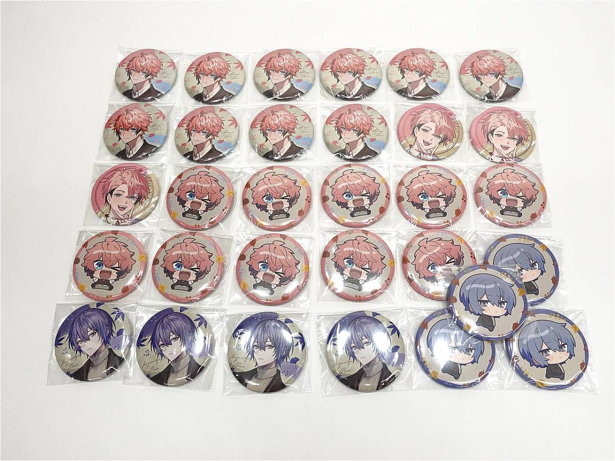Grid of collectible round pin badges in plastic packaging, arranged in a neat grid across a white background, featuring pink- and purple-haired anime characters.