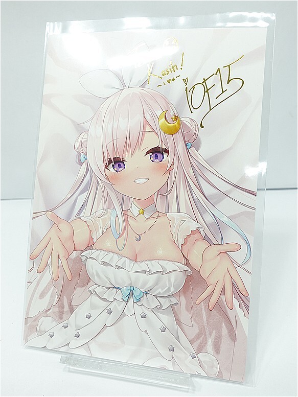 Anime-style girl with long white hair, purple eyes, and a frilly white dress reaching out toward the viewer.