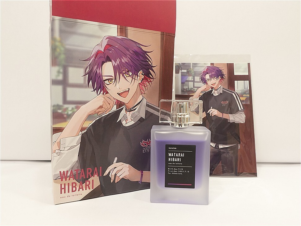 Bottle of WATARAI HIBARI eau de toilette in front of its packaging featuring a purple-haired anime character, on a white surface.