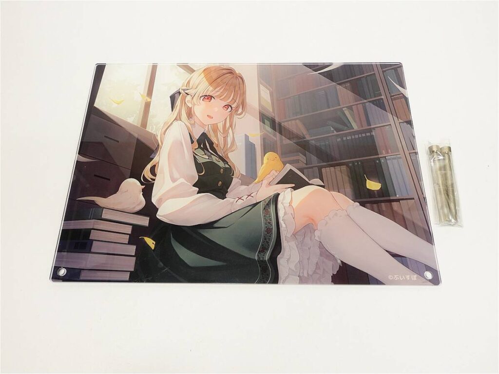 r12117656161 - Vtuberグッズ買取専門店Vtrader Anime-style girl in a green dress and white blouse sits among library shelves, a small yellow bird on her hand and a book in her lap.