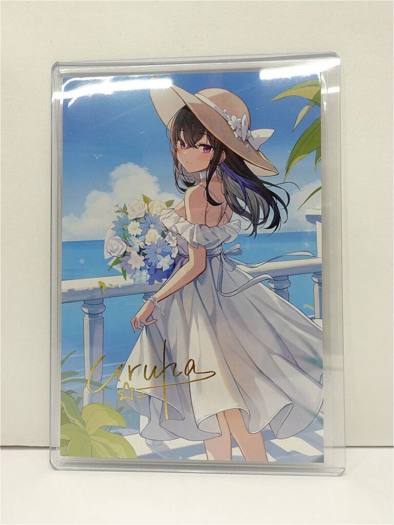 Anime-style girl in a white wedding dress on a seaside balcony, holding a bouquet, wearing a wide hat and looking back at the viewer