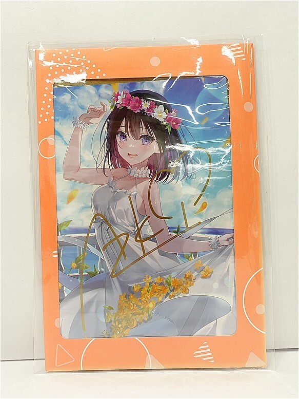 Autographed anime-style print of a girl in a white wedding dress with a flower crown, by the ocean, inside orange packaging.